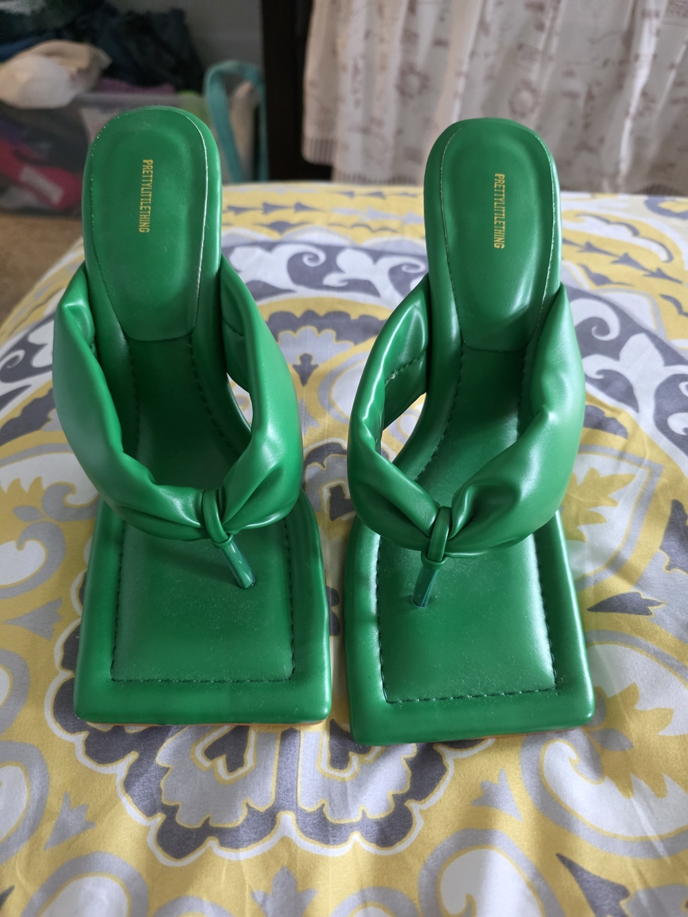 PrettyLittleThing Emerald Knotted Square-Toe Heeled Sandals
